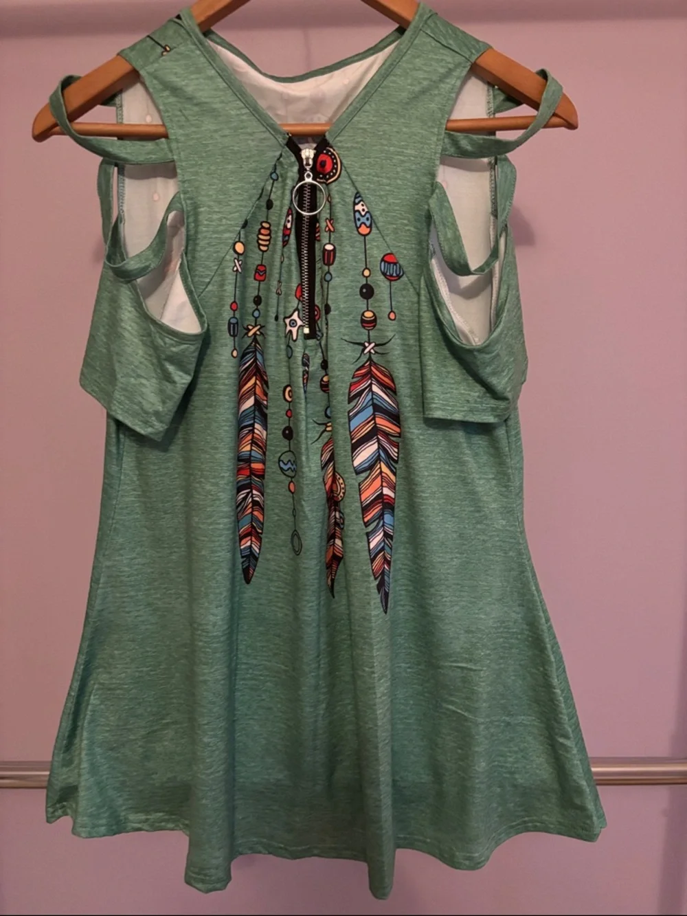 Green Feather-Print Cut-out Shoulder Sleeves Women's Large Tunic - Picture 2 of 6